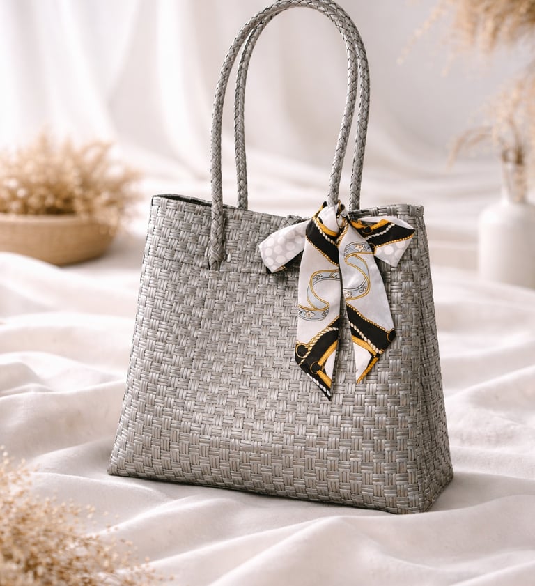 Tas anyaman plastik jali jali warna silver handmade dengan hiasan pita silver, tas anyaman eksklusif wanita