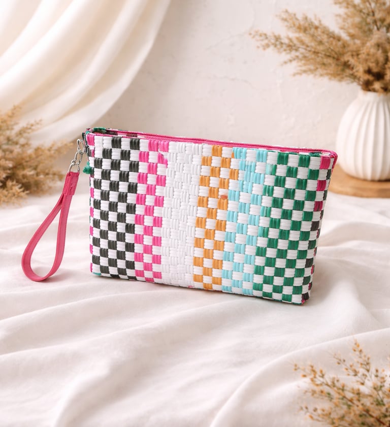 Tas anyaman plastik handmade warna pastel kombinasi hitam putih pink hijau, cocok untuk tas tangan wanita