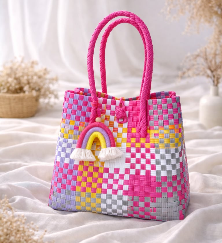 Tas anyaman jali jali warna pink rainbow premium berkualitas untuk souvenir dan hampers Craftvitas Indonesia