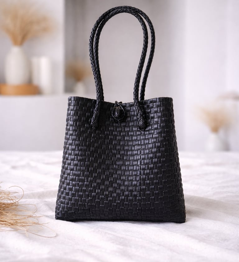 Tas anyaman plastik jali jali warna hitam handmade, tas anyaman kuat dan cocok untuk harian