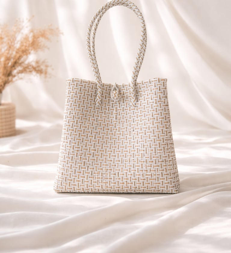 Tas anyaman plastik jali jali warna white gold handmade, tas anyaman ramah lingkungan