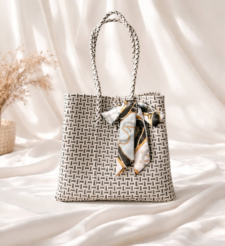 Tas anyaman plastik jali jali warna Putih Hitam handmade dengan aksen scarf, tas anyaman premium wanita