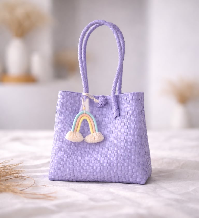 Tas anyaman plastik jali jali ungu muda dengan gantungan pelangi handmade, cocok untuk hadiah dan souvenir