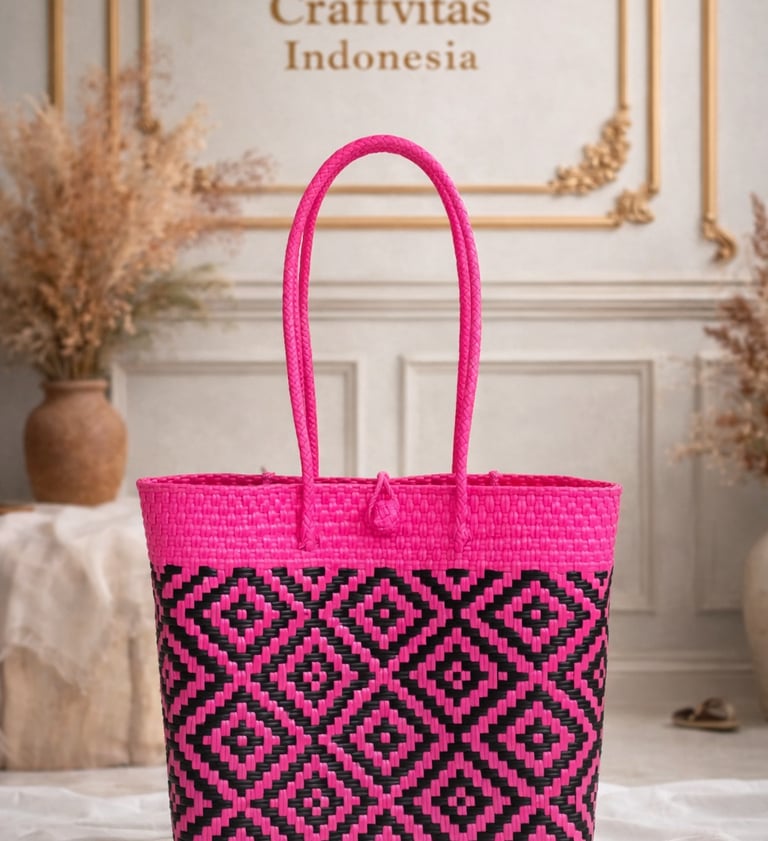 Tas anyaman plastik handmade warna pink hitam dengan motif geometris etnik dari Craftvitas Indonesia