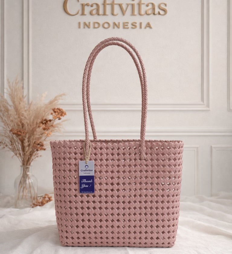 Tas anyaman plastik model sekar dusty pink handmade Craftvitas Indonesia