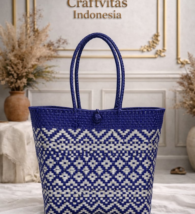 Tas anyaman plastik handmade warna biru dan putih motif etnik elegan dari Craftvitas Indonesia