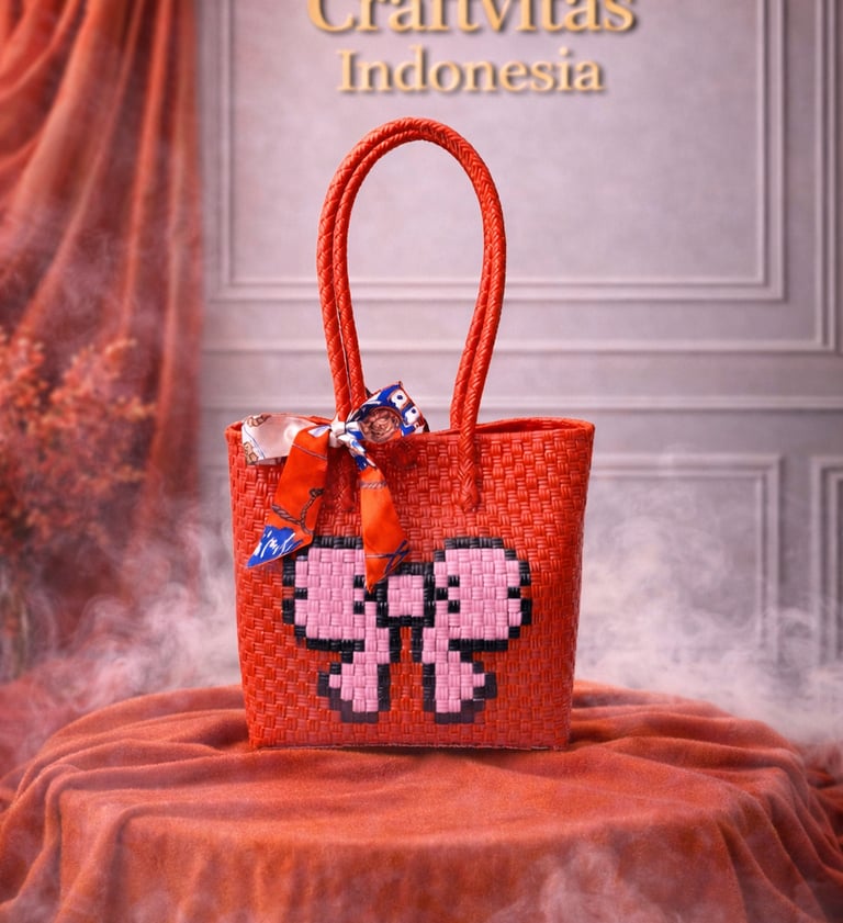 Tas anyaman karakter pita warna merah handmade dari plastik daur ulang