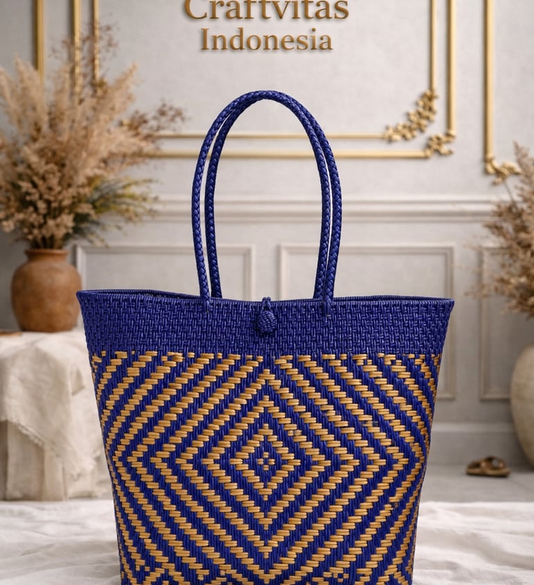 Tas anyaman plastik handmade warna biru tua dan coklat motif diamond etnik dari Craftvitas Indonesia