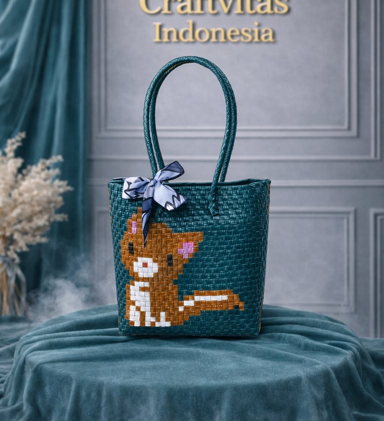Tas anyaman karakter kucing warna hijau botol handmade cocok untuk souvenir