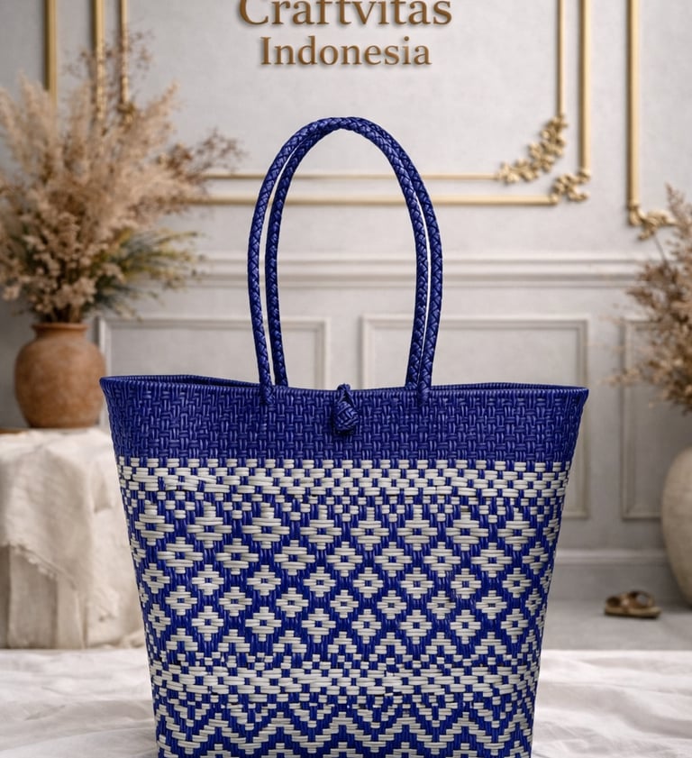Tas anyaman plastik handmade warna biru dan putih motif geometris klasik dari Craftvitas Indonesia