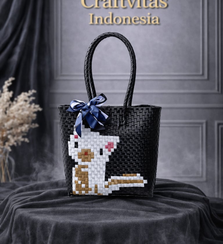 Tas anyaman karakter kucing hitam handmade dari plastik daur ulang