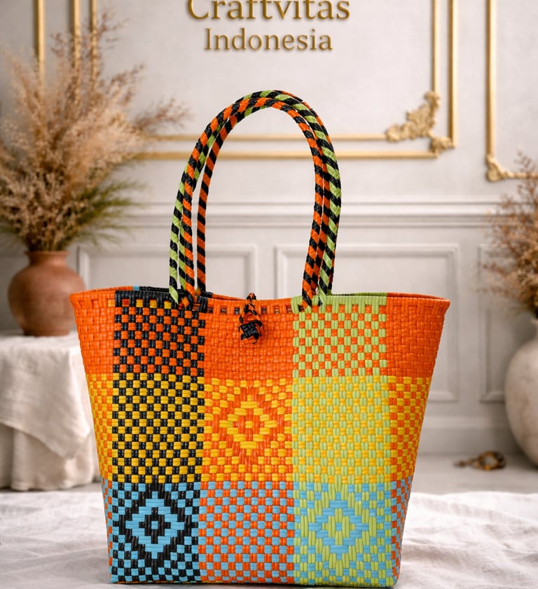 Tas anyaman plastik handmade multicolor cerah motif patchwork unik dari Craftvitas Indonesia