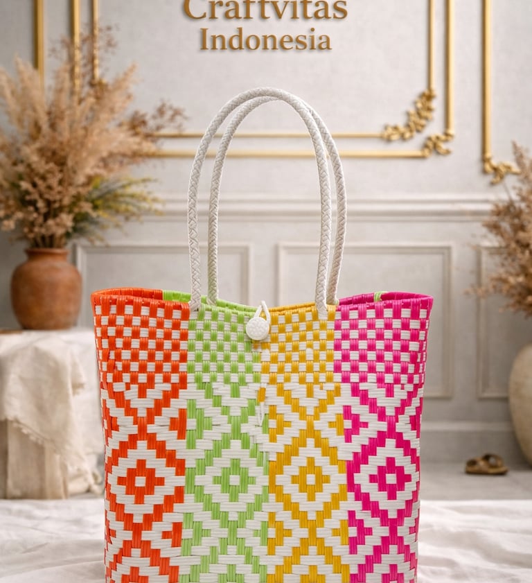 Tas anyaman plastik handmade warna putih multicolor motif diamond ceria dari Craftvitas Indonesia