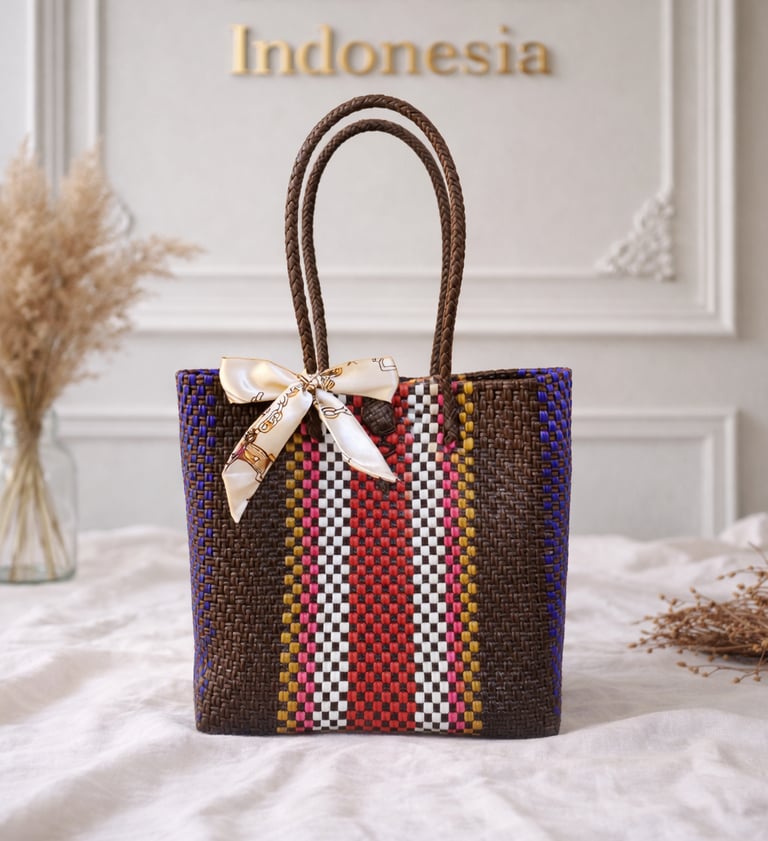 Tas anyaman plastik motif batik coklat merah handmade dari Craftvitas Indonesia