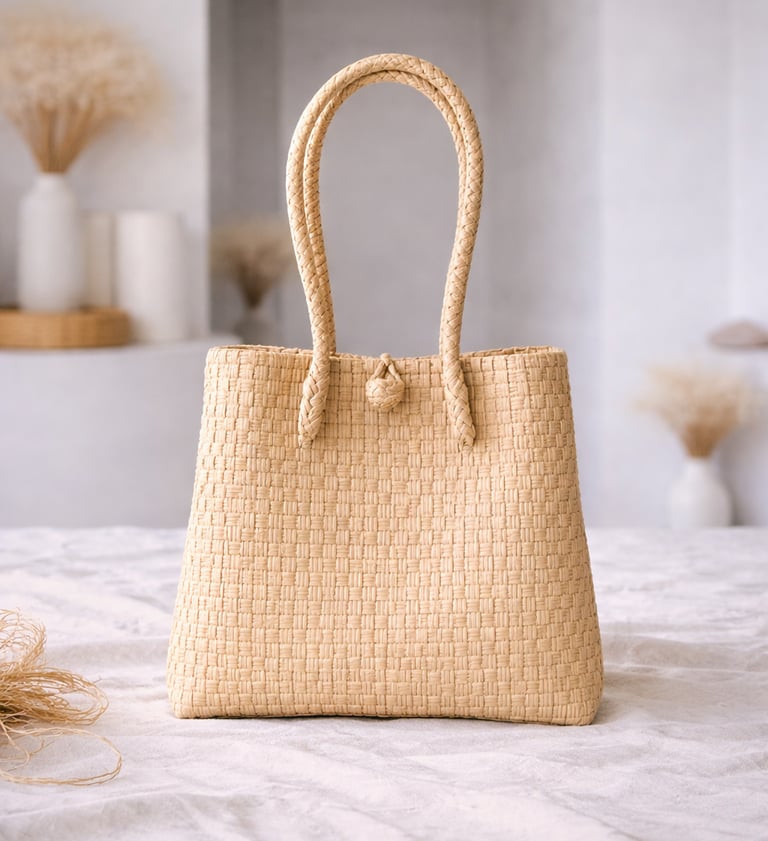 Tas anyaman plastik jali jali warna cream natural handmade, tas anyaman klasik ramah lingkungan