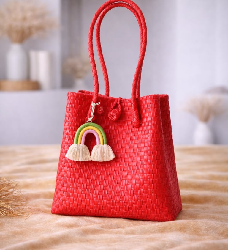 Tas anyaman plastik jali jali warna merah handmade, tas anyaman fashion unik dan menarik