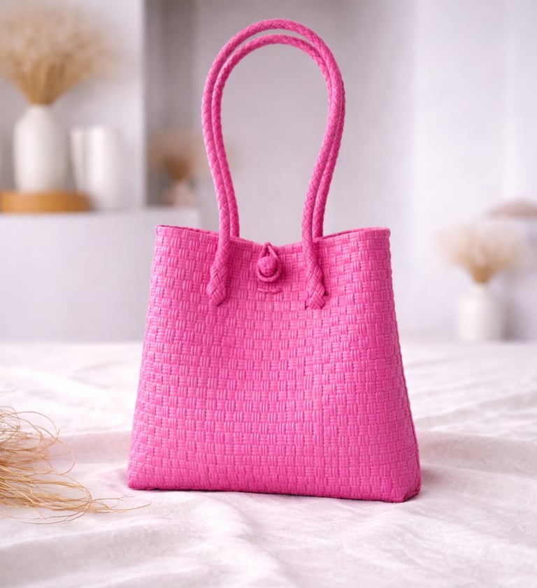Tas anyaman plastik jali jali warna pink fuchsia handmade, tas anyaman modern buatan UMKM lokal
