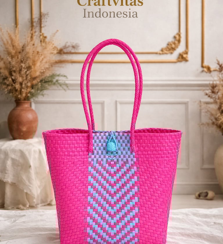 Tas anyaman plastik handmade warna pink dan biru dengan motif chevron modern dari Craftvitas Indonesia
