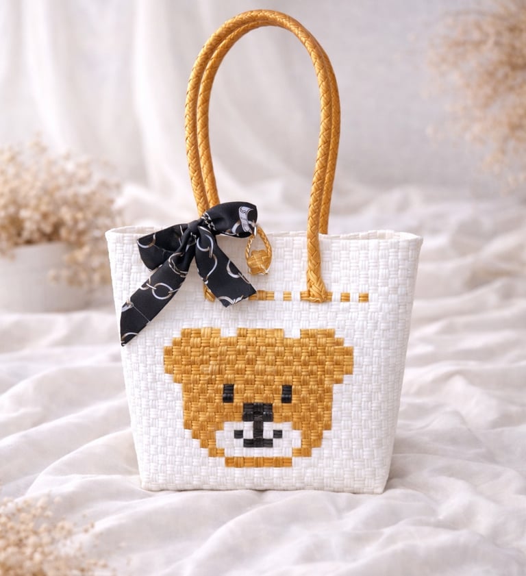 Tas anyaman karakter beruang warna putih kuning handmade untuk souvenir