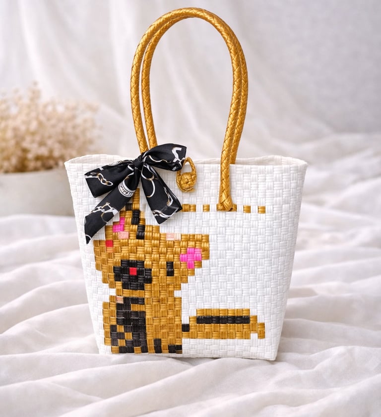 Tas anyaman karakter anjing putih coklat handmade ramah lingkungan