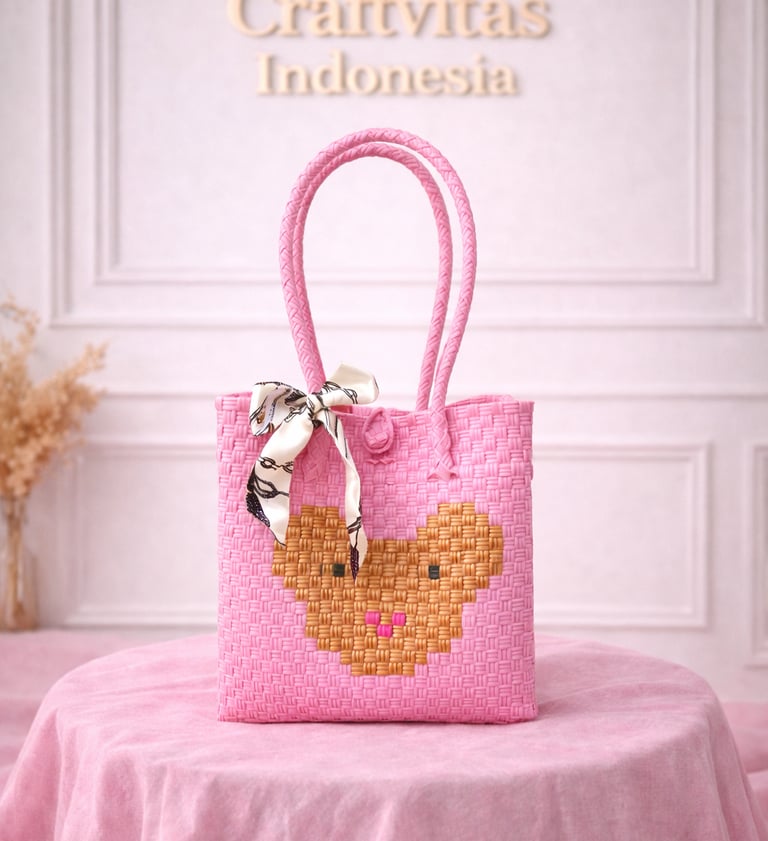 Tas anyaman karakter beruang warna pink handmade untuk hampers dan kado