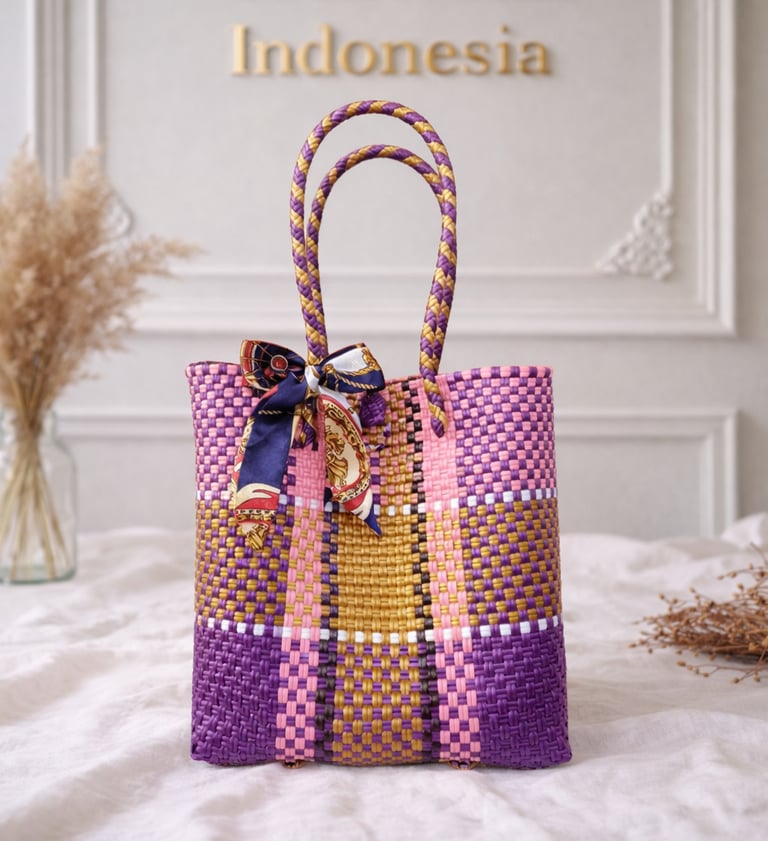 Tas anyaman plastik motif batik ungu kuning pink handmade Craftvitas Indonesia