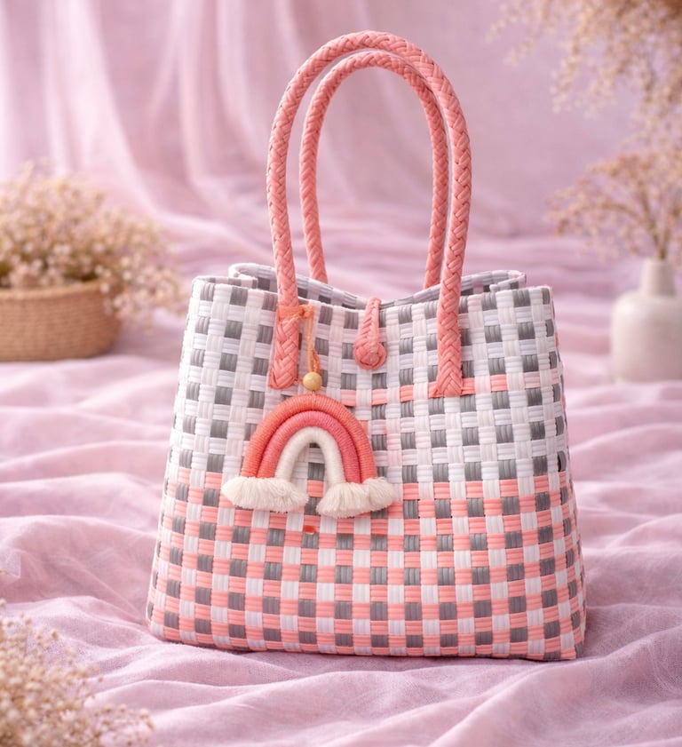 Tas anyaman jali jali plastik warna kombinasi pink peach silver dan putih premium cocok untuk berbagai kegiatan