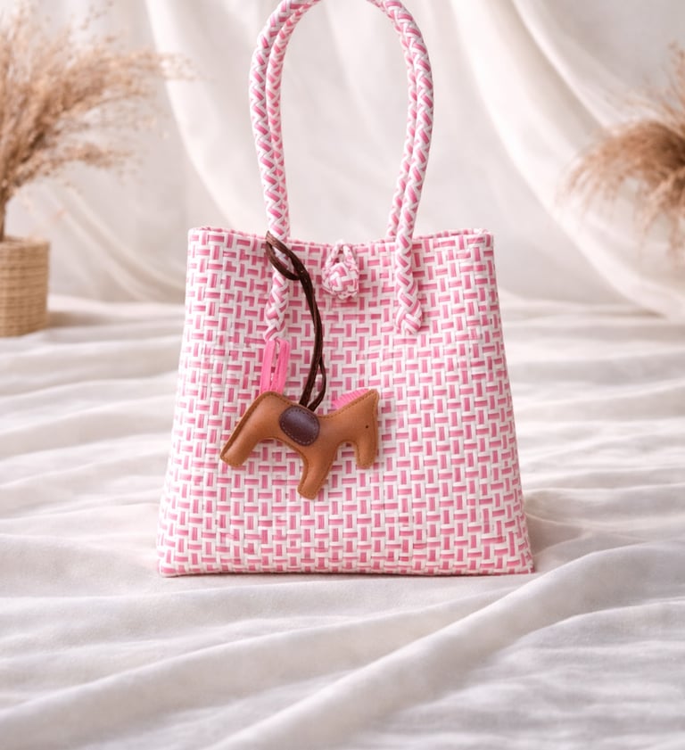 Tas anyaman plastik jali jali putih pink motif handmade dengan gantungan kuda, tas anyaman eksklusif wanita