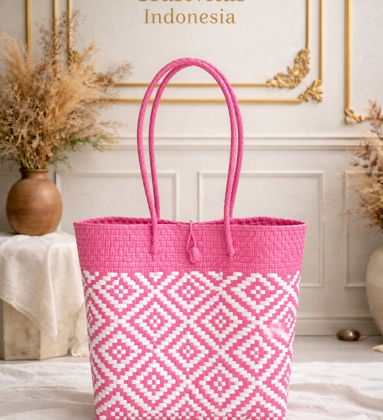 Tas anyaman plastik handmade warna pink putih dengan motif diamond etnik dari Craftvitas Indonesia