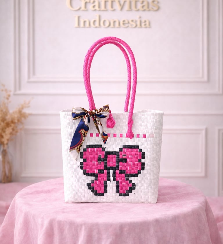 Tas anyaman karakter kupu-kupu handmade warna putih pink ramah lingkungan