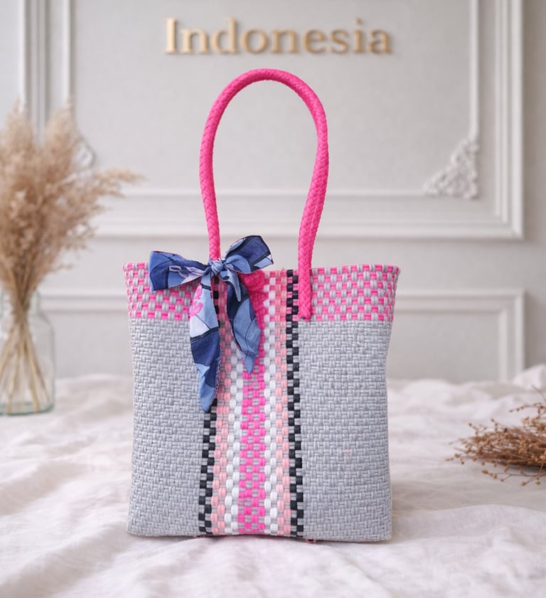 Tas anyaman plastik motif batik abu pink handmade dari Craftvitas Indonesia