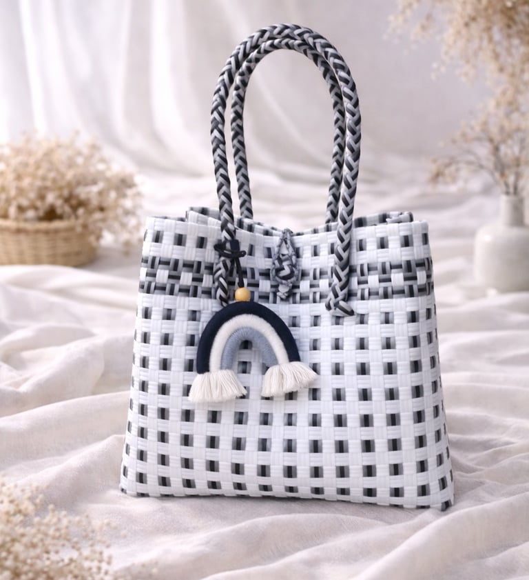 Tas anyaman plastik handmade hitam putih, tas anyaman wanita minimalis dan modern