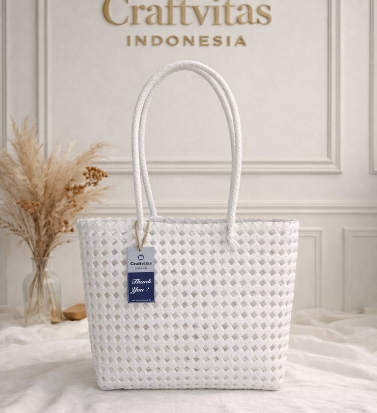 Tas anyaman plastik model sekar warna putih handmade Craftvitas Indonesia