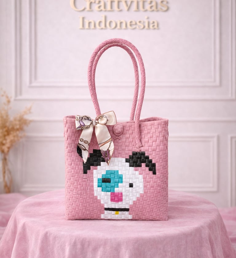 Tas anyaman karakter anjing warna pink handmade dari plastik daur ulang