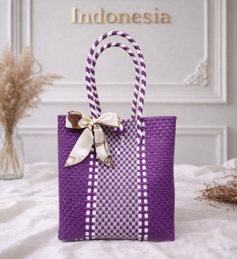 Tas anyaman plastik motif batik ungu putih handmade Craftvitas Indonesia
