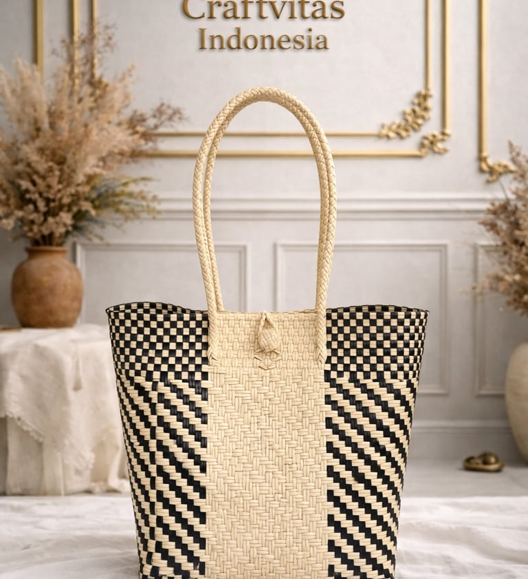 Tas anyaman plastik handmade warna putih multicolor motif diamond variasi dari Craftvitas Indonesia