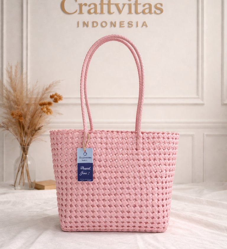 Tas anyaman plastik model sekar soft pink handmade Craftvitas Indonesia