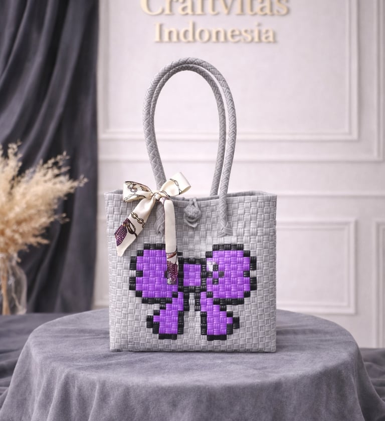 Tas anyaman karakter kupu-kupu warna abu ungu handmade cocok untuk souvenir