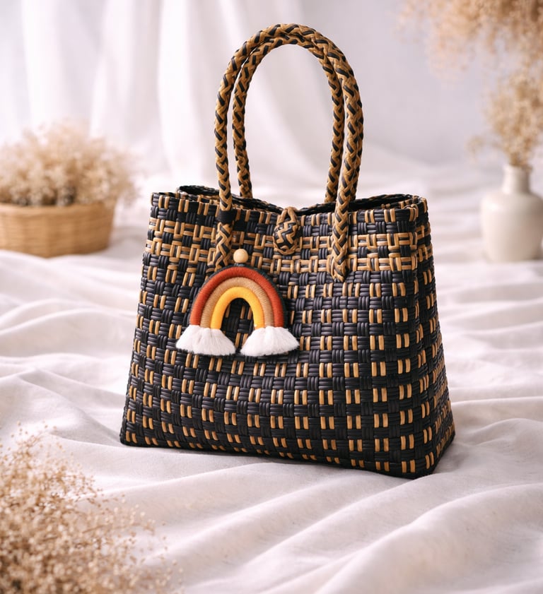 Tas anyaman plastik handmade hitam coklat premium, tas anyaman wanita elegan
