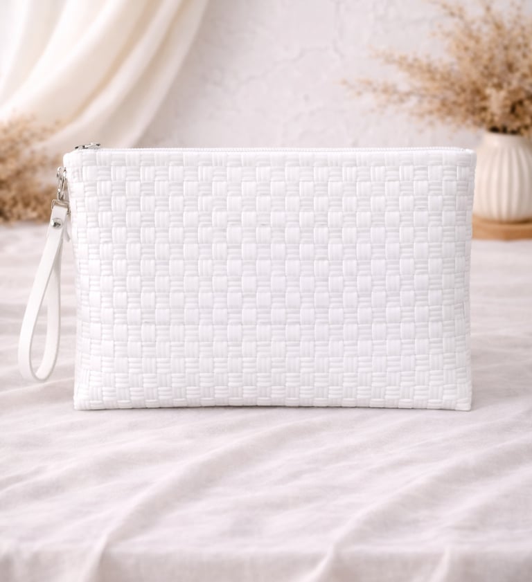 Tas anyaman plastik handmade warna putih polos model clutch elegan ramah lingkungan