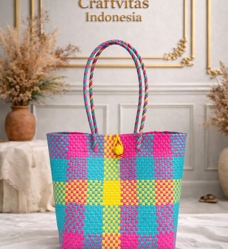Tas anyaman plastik handmade warna biru pink kuning dengan motif kotak ceria dari Craftvitas Indonesia