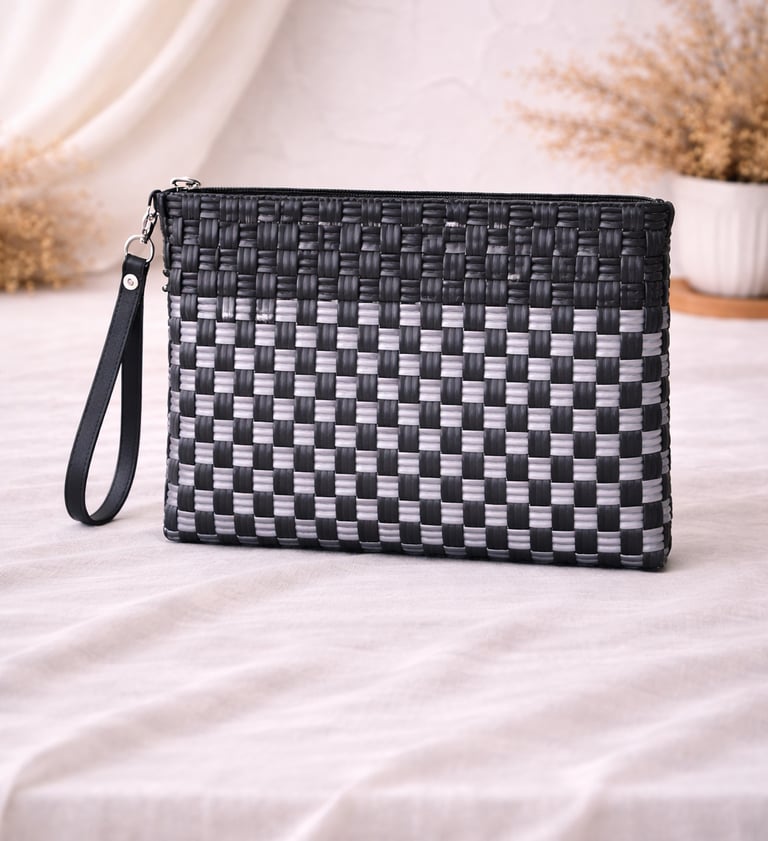 Tas anyaman plastik handmade warna hitam abu motif kotak model clutch wanita modern