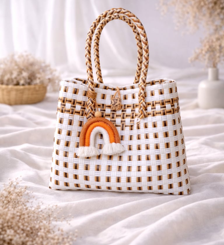 Tas anyaman plastik handmade putih lurik emas, tas anyaman wanita desain timeless