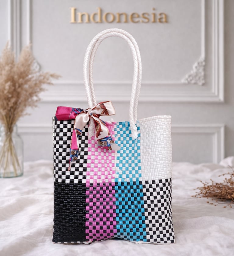Tas anyaman plastik motif batik hitam pink biru putih handmade Craftvitas Indonesia