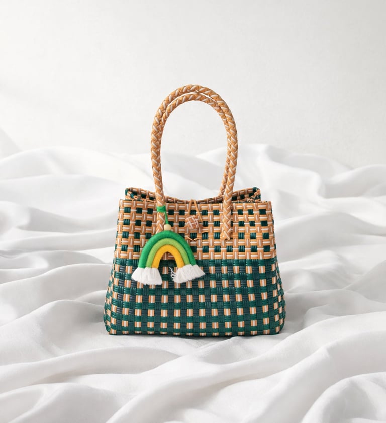 Tas anyaman plastik handmade warna hijau & lurik orange, tas anyaman wanita eco friendly