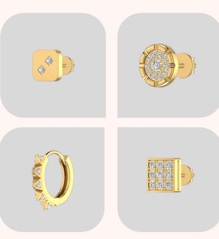 Collection of 14k gold diamond earrings featuring studs, hoops, and geometric pave designs.