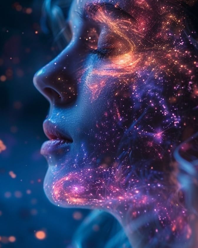 personne avec des effets luminescent et qui brille de toutes les couleurs