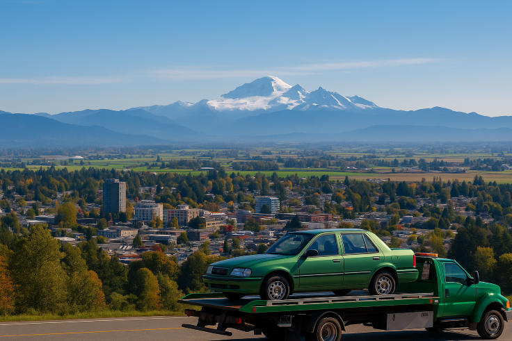 A panoramic view of Abbotsford, BC, with Mount Baker in the background and a green tow truck.
