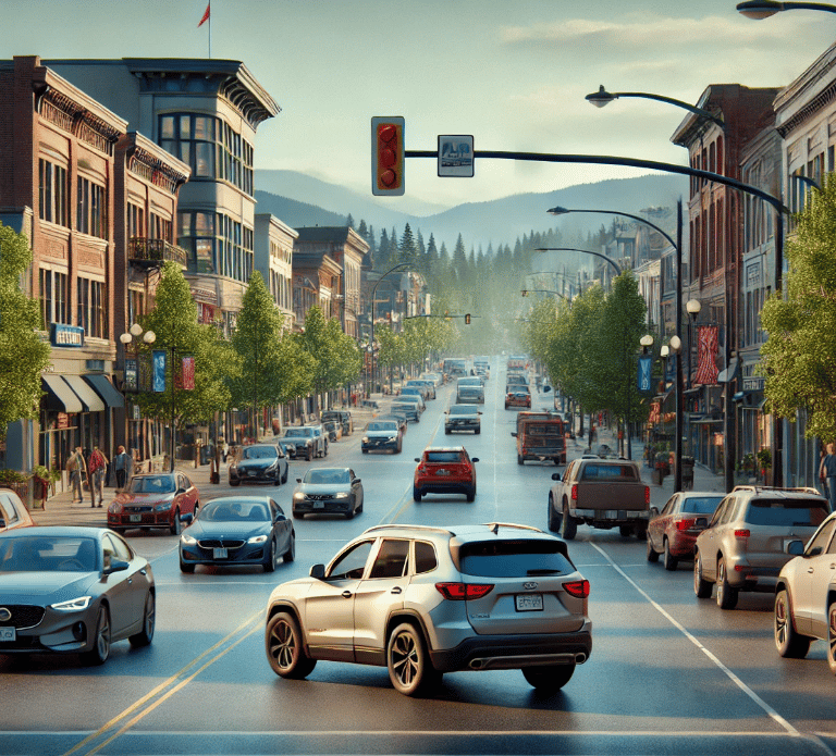 image of downtown Maple Ridge, BC, featuring cars and capturing the lively yet peaceful atmosphere.