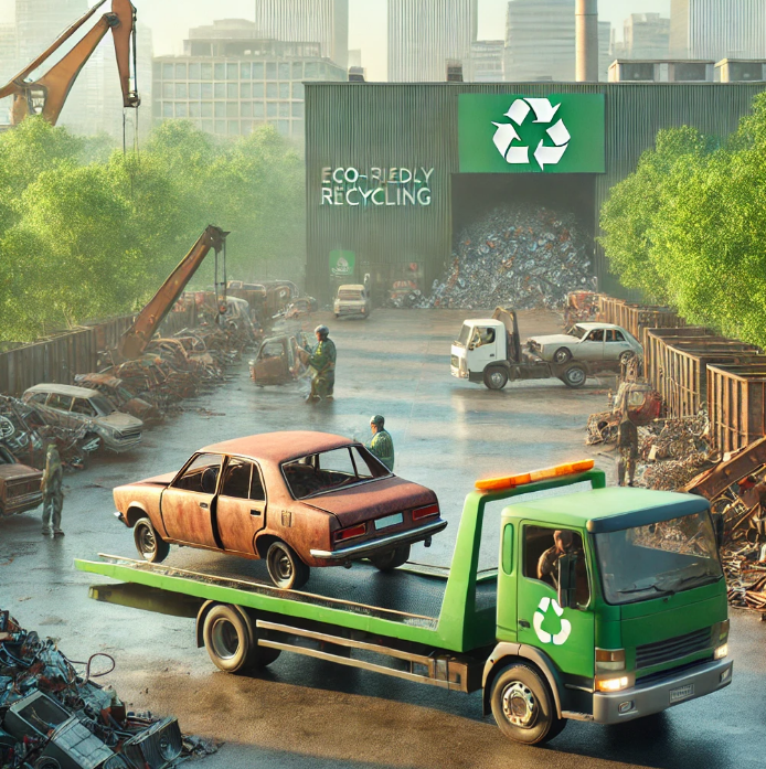 An image highlighting scrap car recycling and removal, featuring a green tow truck.